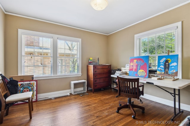 office space featuring crown molding, baseboards, and wood finished floors