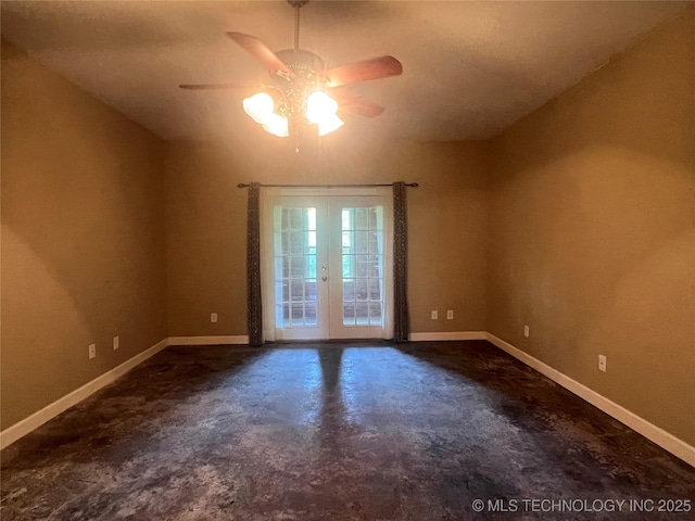 220 Willow Ln, Hartshorne, OK 74547 - unfurnished room with ceiling fan, concrete floors, french doors, and baseboards