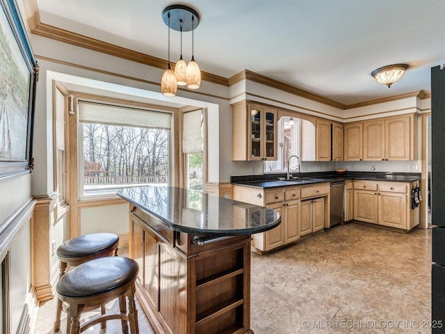 614 Oak Ridge Dr, Sand Springs, OK 74063 - kitchen with dishwasher, a sink, dark countertops, glass insert cabinets, and crown molding