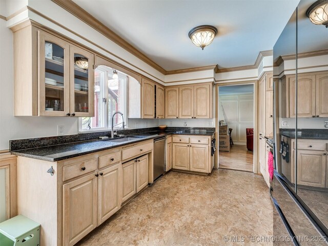614 Oak Ridge Dr, Sand Springs, OK 74063 - kitchen with stainless steel dishwasher, light brown cabinetry, a sink, glass insert cabinets, and ornamental molding