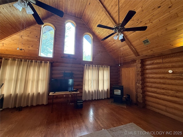 17735 S 75th St E, Warner, OK 74469 - unfurnished living room featuring high vaulted ceiling, a ceiling fan, wood ceiling, a wood stove, and visible vents