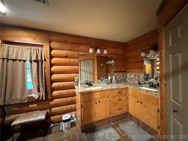 17735 S 75th St E, Warner, OK 74469 - kitchen with a peninsula, rustic walls, and a sink