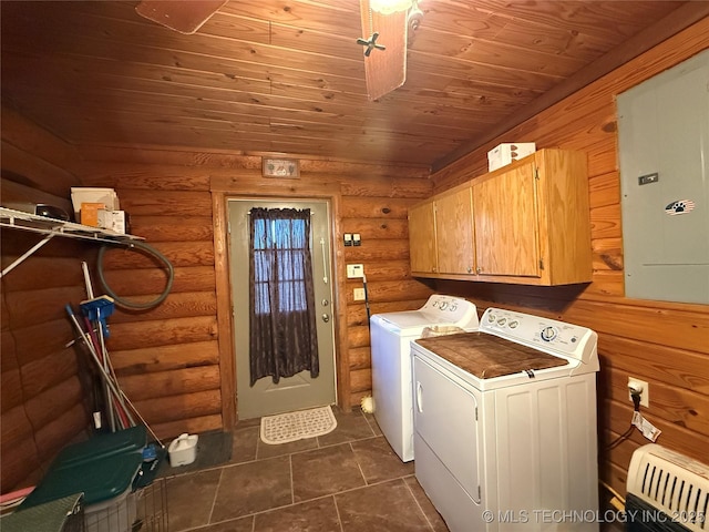 17735 S 75th St E, Warner, OK 74469 - laundry room with rustic walls, electric panel, wood ceiling, cabinet space, and washing machine and dryer