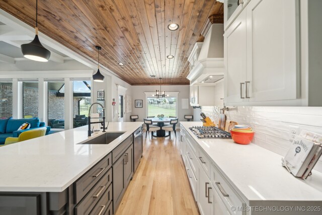 kitchen featuring custom exhaust hood, backsplash, appliances with stainless steel finishes, wood ceiling, and a sink