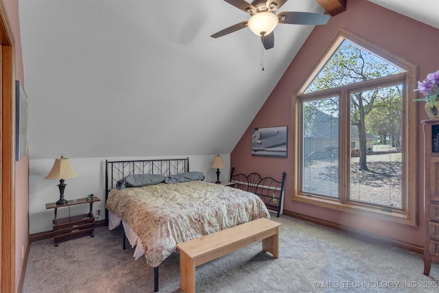 2667 Duguid Ln, Kingston, OK 73439 - carpeted bedroom with vaulted ceiling, ceiling fan, and baseboards