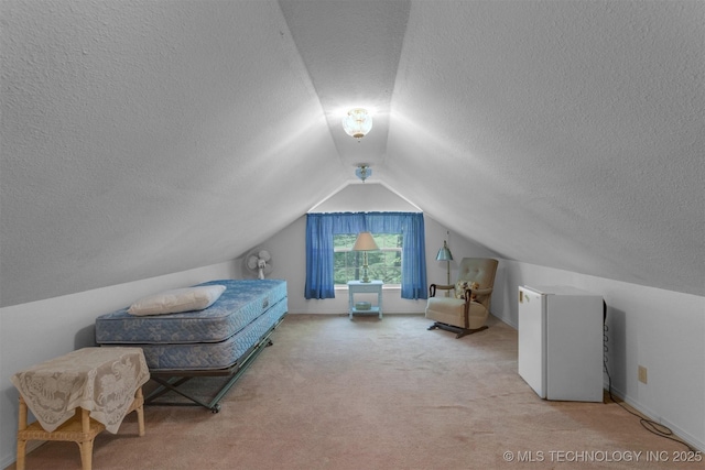 2667 Duguid Ln, Kingston, OK 73439 - carpeted bedroom featuring a textured ceiling, lofted ceiling, and freestanding refrigerator