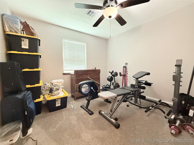 workout room featuring ceiling fan, baseboards, carpet flooring, and visible vents