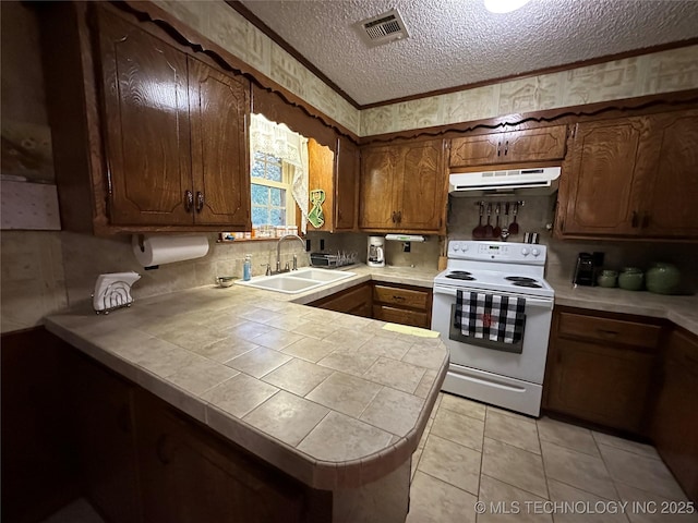 10348 W 805th Rd, Fort Gibson, OK 74434 - kitchen featuring a textured ceiling, a sink, a peninsula, electric stove, and under cabinet range hood