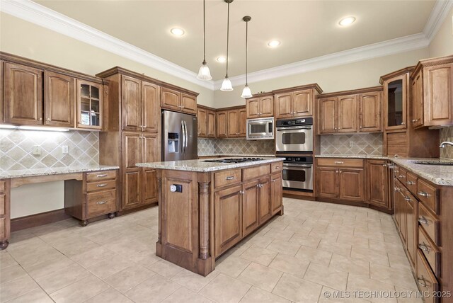 7505 S 4th St, Broken Arrow, OK 74011 - kitchen with appliances with stainless steel finishes, brown cabinets, a kitchen island, backsplash, and crown molding