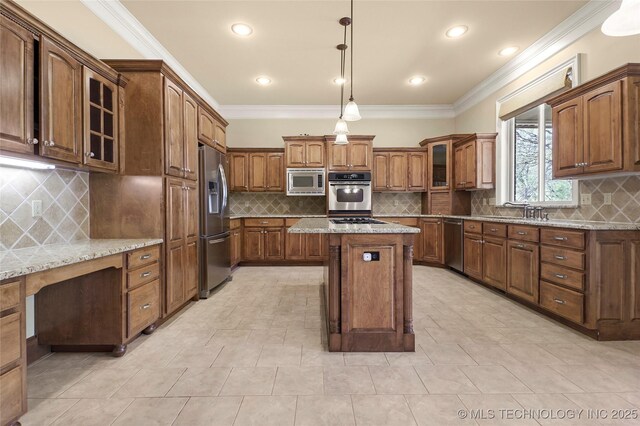 7505 S 4th St, Broken Arrow, OK 74011 - kitchen featuring appliances with stainless steel finishes, tasteful backsplash, glass insert cabinets, brown cabinetry, and ornamental molding