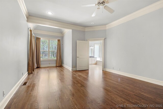7505 S 4th St, Broken Arrow, OK 74011 - empty room featuring ornamental molding, wood finished floors, ceiling fan, and baseboards