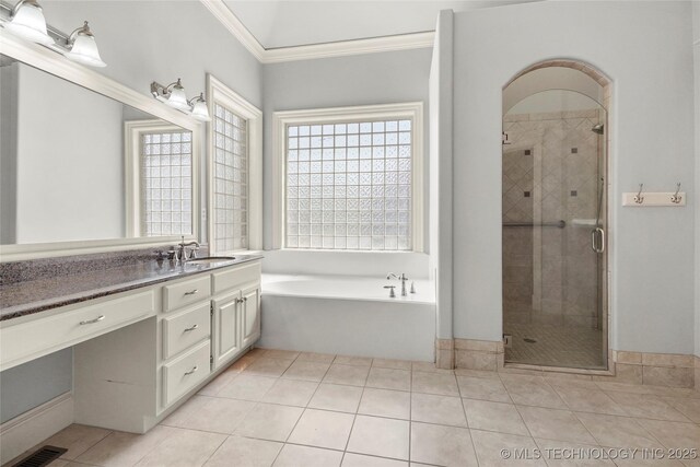 7505 S 4th St, Broken Arrow, OK 74011 - full bathroom with ornamental molding, tile patterned floors, vanity, and a shower stall