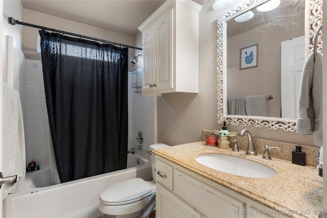 full bath featuring toilet, vanity, and shower / bath combination with curtain