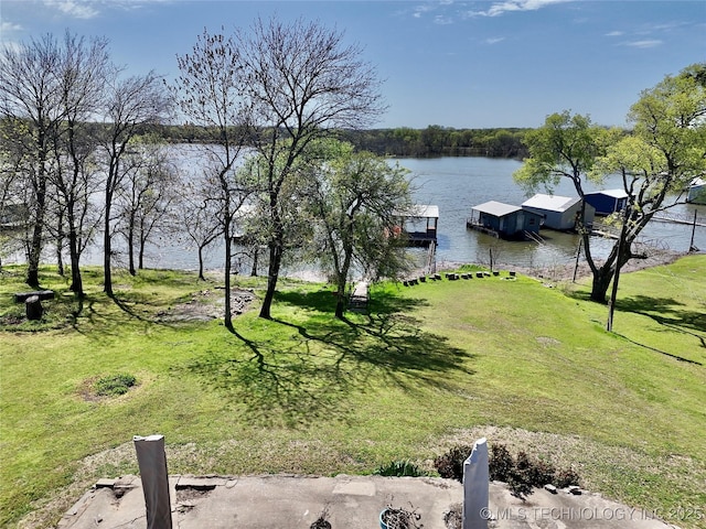 view of yard with a dock and a water view