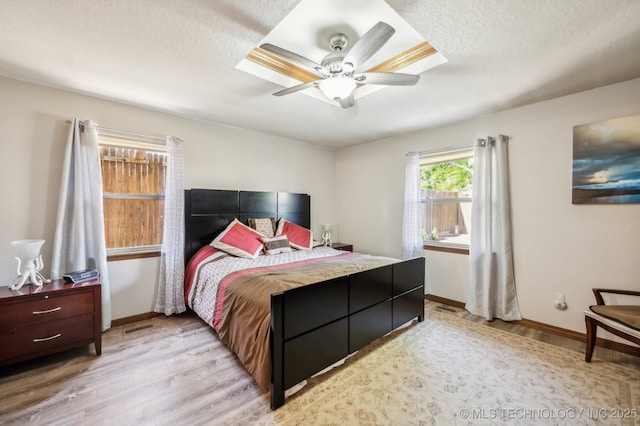 1604 S Chestnut Ave, Broken Arrow, OK 74012 - bedroom with light wood finished floors, a textured ceiling, and a ceiling fan