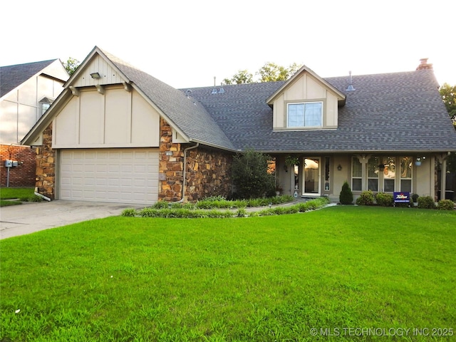 1604 S Chestnut Ave, Broken Arrow, OK 74012 - view of front of home with an attached garage, roof with shingles, a front lawn, and driveway