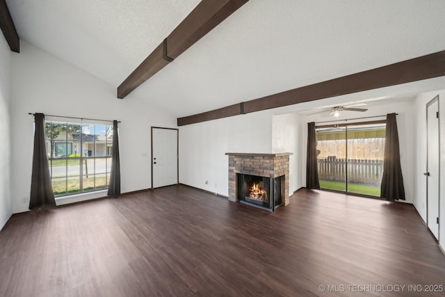 11024 E 15th St, Tulsa, OK 74128 - unfurnished living room featuring a fireplace, dark wood-style flooring, and a ceiling fan