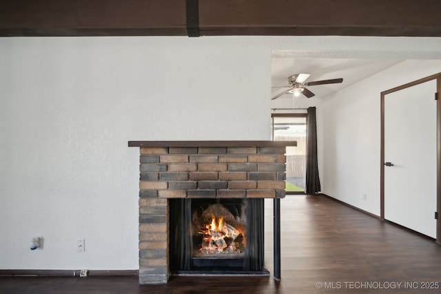 11024 E 15th St, Tulsa, OK 74128 - detailed view of ceiling fan, wood finished floors, a fireplace, and baseboards
