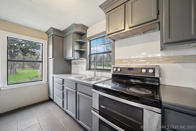 15338 S Brewster Rd, Mounds, OK 74047 - kitchen with open shelves, gray cabinetry, a sink, and double oven range