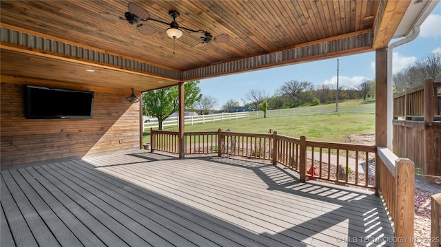 wooden deck with a fenced backyard, a ceiling fan, a lawn, and a rural view