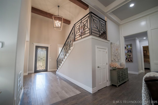 5716 W Austin St, Broken Arrow, OK 74011 - foyer entrance featuring a towering ceiling, beamed ceiling, stairs, wood finished floors, and ornamental molding