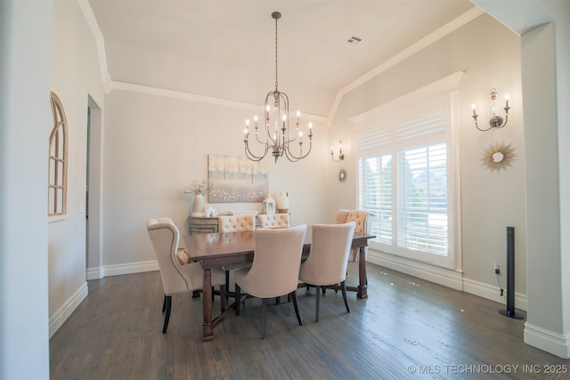 5716 W Austin St, Broken Arrow, OK 74011 - dining room with a chandelier, wood finished floors, crown molding, and lofted ceiling