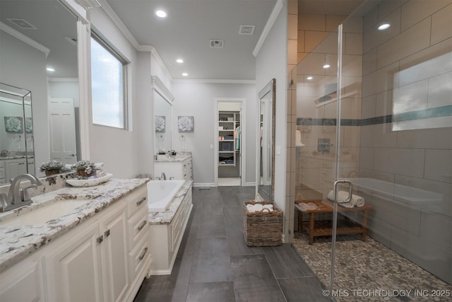5716 W Austin St, Broken Arrow, OK 74011 - full bathroom featuring crown molding, a stall shower, vanity, a garden tub, and recessed lighting