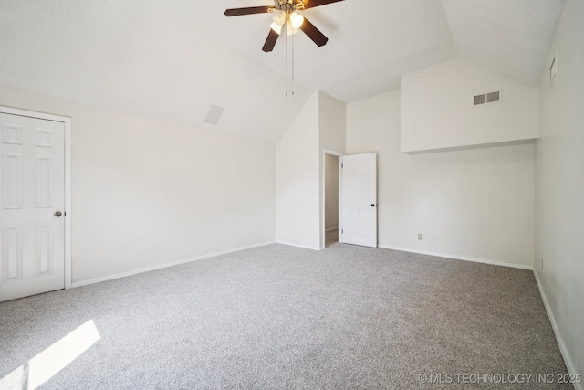 unfurnished room featuring baseboards, visible vents, a ceiling fan, and carpet floors