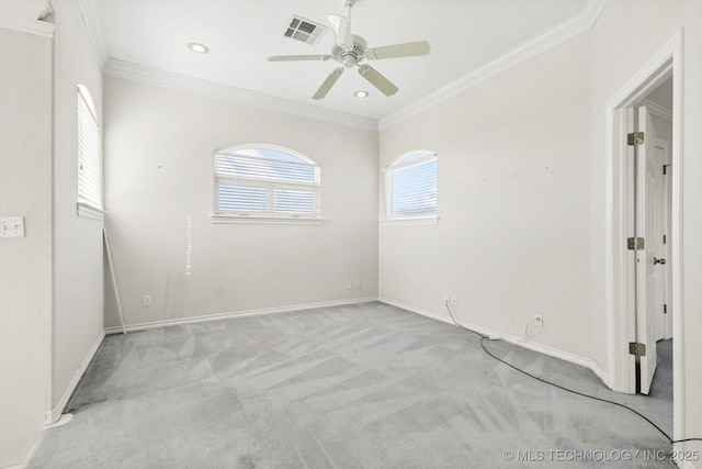 11746 Giorgio Dr, Skiatook, OK 74070 - unfurnished room featuring ornamental molding, visible vents, ceiling fan, and light colored carpet