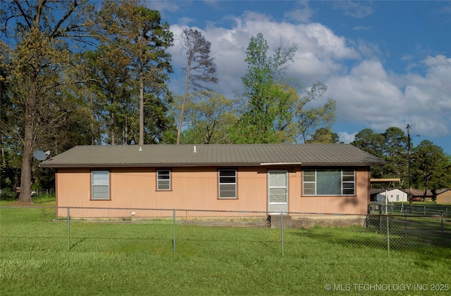 exterior space with crawl space, fence private yard, metal roof, and a front yard