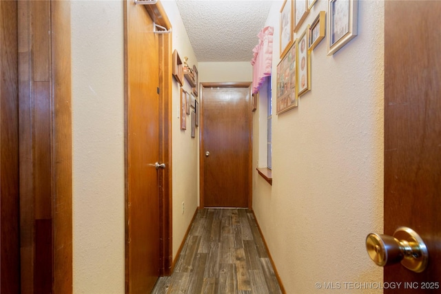 hallway with a textured ceiling and wood finished floors