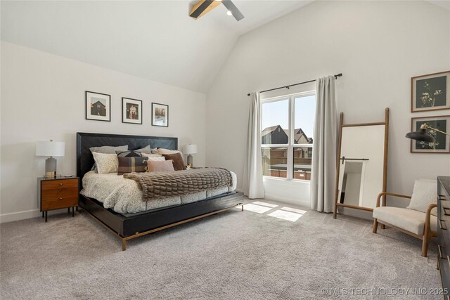 2996 E 142nd Ct S, Bixby, OK 74008 - carpeted bedroom with baseboards, high vaulted ceiling, and a ceiling fan