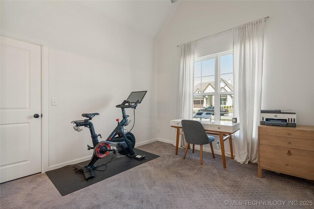 2996 E 142nd Ct S, Bixby, OK 74008 - exercise area featuring carpet floors, baseboards, and lofted ceiling