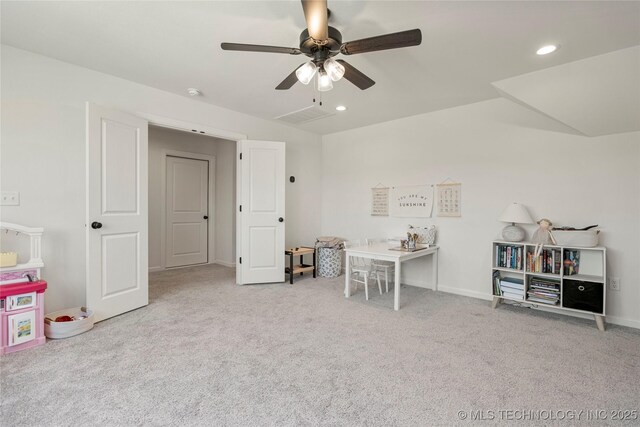 2996 E 142nd Ct S, Bixby, OK 74008 - game room featuring visible vents, ceiling fan, carpet, and recessed lighting