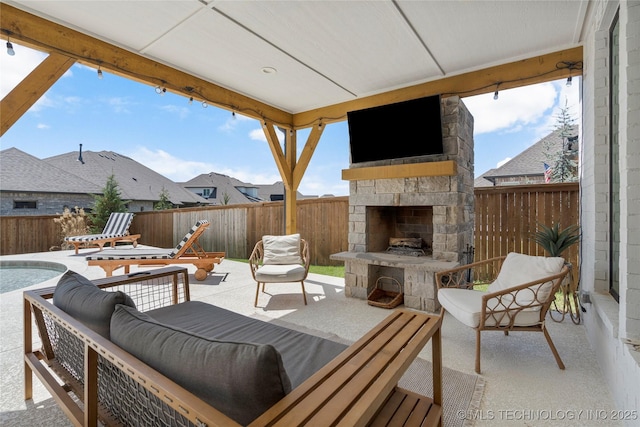 2996 E 142nd Ct S, Bixby, OK 74008 - view of patio with a fenced in pool, a fenced backyard, and an outdoor living space with a fireplace