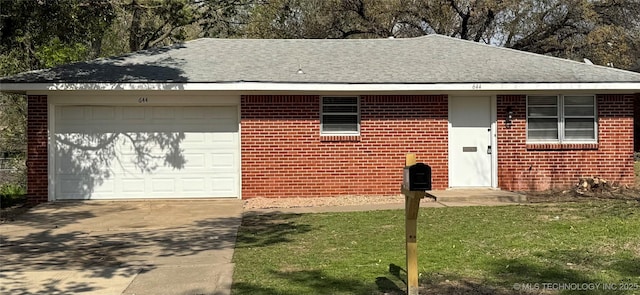 view of front facade featuring concrete driveway, roof with shingles, a front yard, brick siding, and a garage