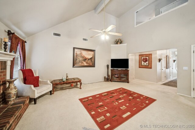 4932 W Commercial St, Broken Arrow, OK 74012 - carpeted living room featuring ceiling fan, high vaulted ceiling, beamed ceiling, and baseboards