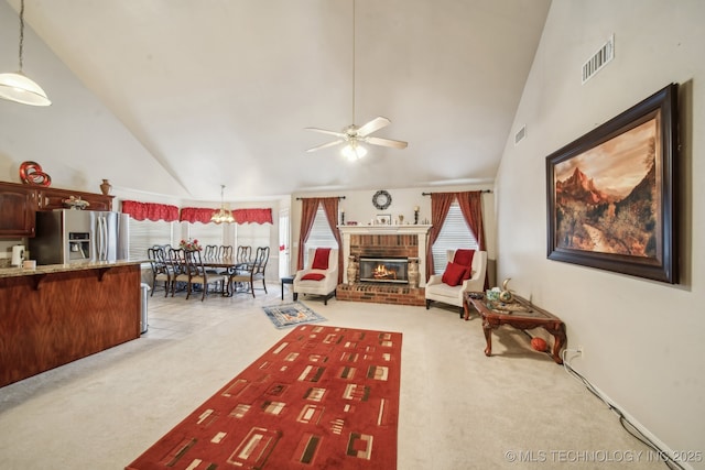 4932 W Commercial St, Broken Arrow, OK 74012 - living room featuring light colored carpet, a ceiling fan, high vaulted ceiling, and a brick fireplace