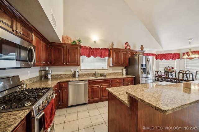 4932 W Commercial St, Broken Arrow, OK 74012 - kitchen featuring stainless steel appliances, a sink, high vaulted ceiling, light tile patterned flooring, and light stone counters