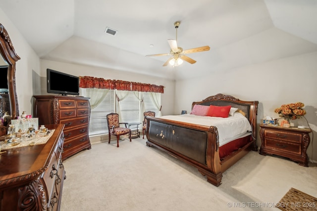 4932 W Commercial St, Broken Arrow, OK 74012 - bedroom with light carpet, vaulted ceiling, and ceiling fan