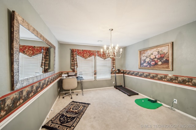 4932 W Commercial St, Broken Arrow, OK 74012 - playroom with a chandelier, carpet floors, baseboards, and an office area