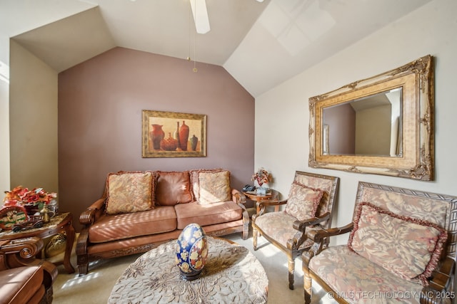 4932 W Commercial St, Broken Arrow, OK 74012 - carpeted living area featuring ceiling fan and vaulted ceiling