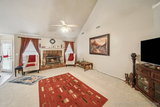 4932 W Commercial St, Broken Arrow, OK 74012 - living area featuring ceiling fan, carpet, a brick fireplace, high vaulted ceiling, and baseboards