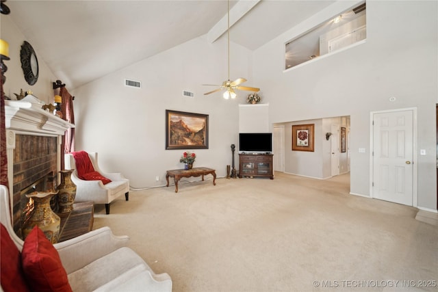 4932 W Commercial St, Broken Arrow, OK 74012 - living room with a fireplace, carpet flooring, high vaulted ceiling, ceiling fan, and beam ceiling