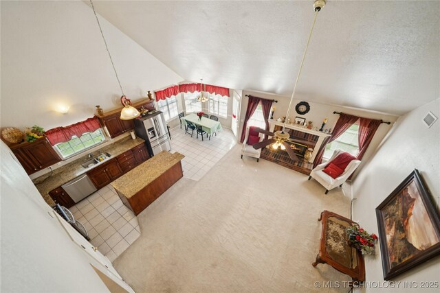4932 W Commercial St, Broken Arrow, OK 74012 - carpeted living room featuring lofted ceiling, plenty of natural light, a sink, and a textured ceiling