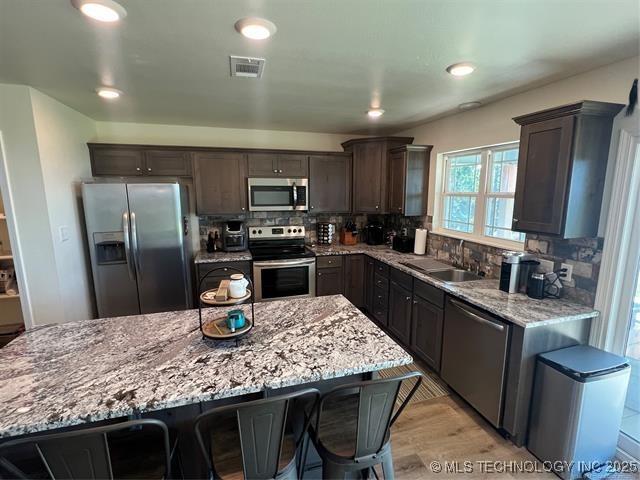 2241 231st St, Buffalo Valley, OK 74571 - kitchen with a sink, visible vents, backsplash, and stainless steel appliances