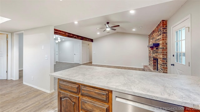 kitchen with stainless steel dishwasher, a ceiling fan, light wood-type flooring, baseboards, and recessed lighting