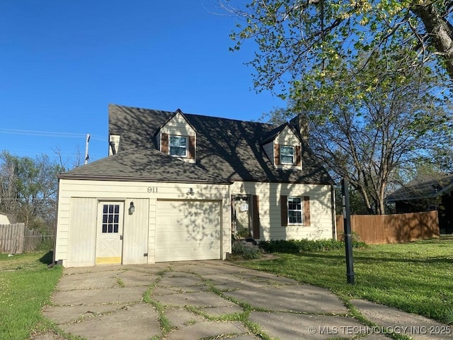 cape cod-style house with a front yard, an attached garage, fence, and concrete driveway