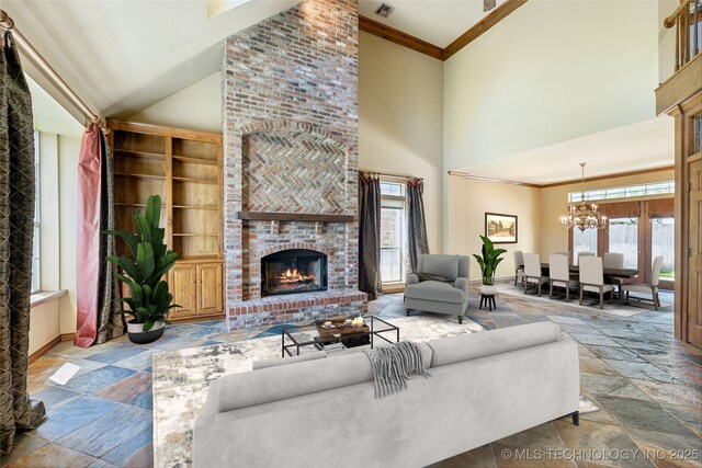 10126 S Granite Ave, Tulsa, OK 74137 - living area featuring a fireplace, stone tile flooring, high vaulted ceiling, healthy amount of natural light, and crown molding