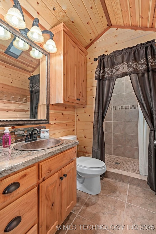 bathroom with wood walls, toilet, a shower stall, and lofted ceiling